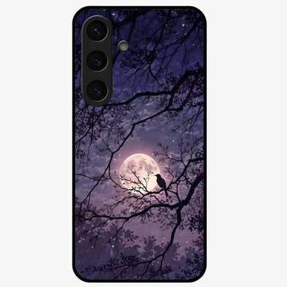 Whispering Moon Silence Glass Case showing flat back view with serene moon themed artwork and glossy glass finish.