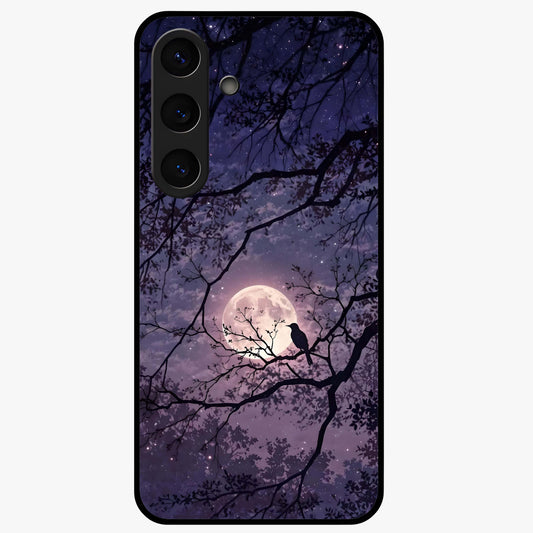 Whispering Moon Silence Glass Case showing flat back view with serene moon themed artwork and glossy glass finish.