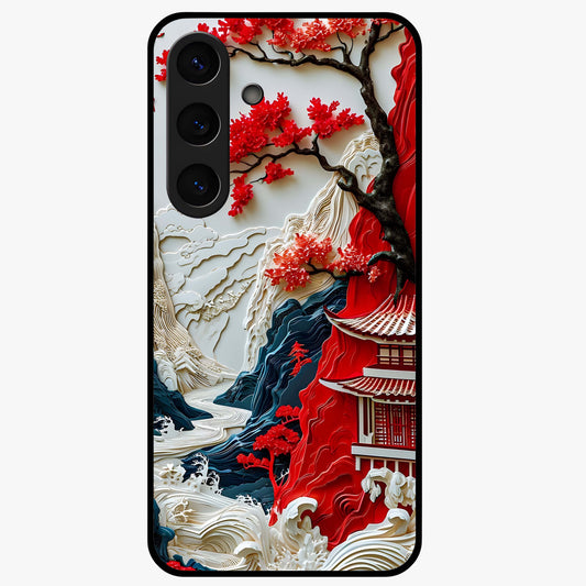 Whispers Of Sakura Waves Glass Case showing flat back view with cherry blossom wave artwork and glossy glass finish.