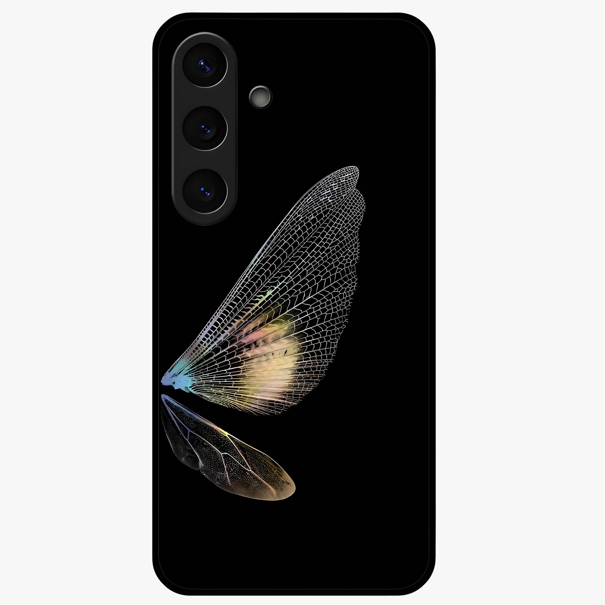 Whispers Of Wings Glass Case showing flat back view with graceful wing inspired artwork and glossy glass finish.