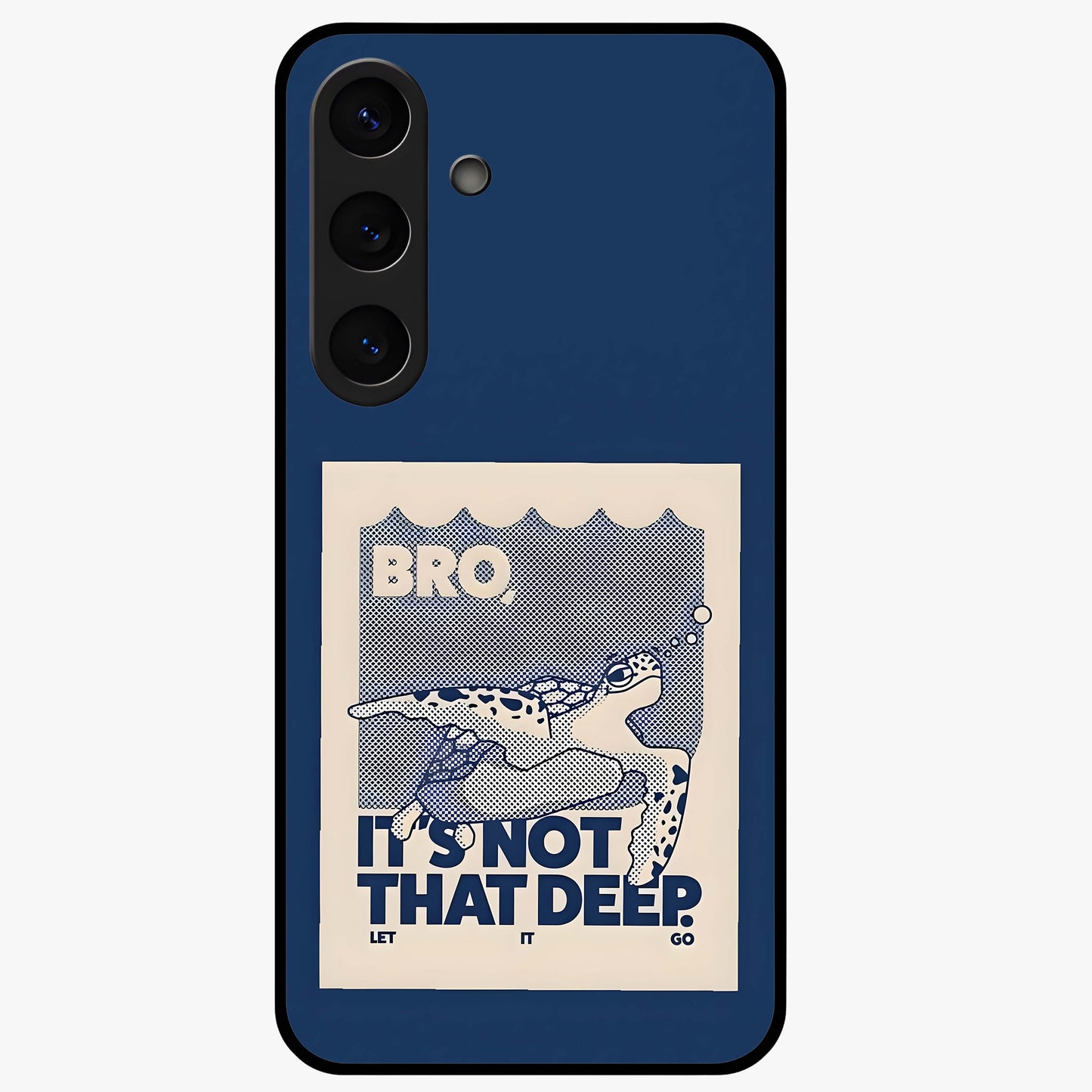Worry Less Swim Glass Case showing flat back view with playful motivational artwork and glossy glass finish.