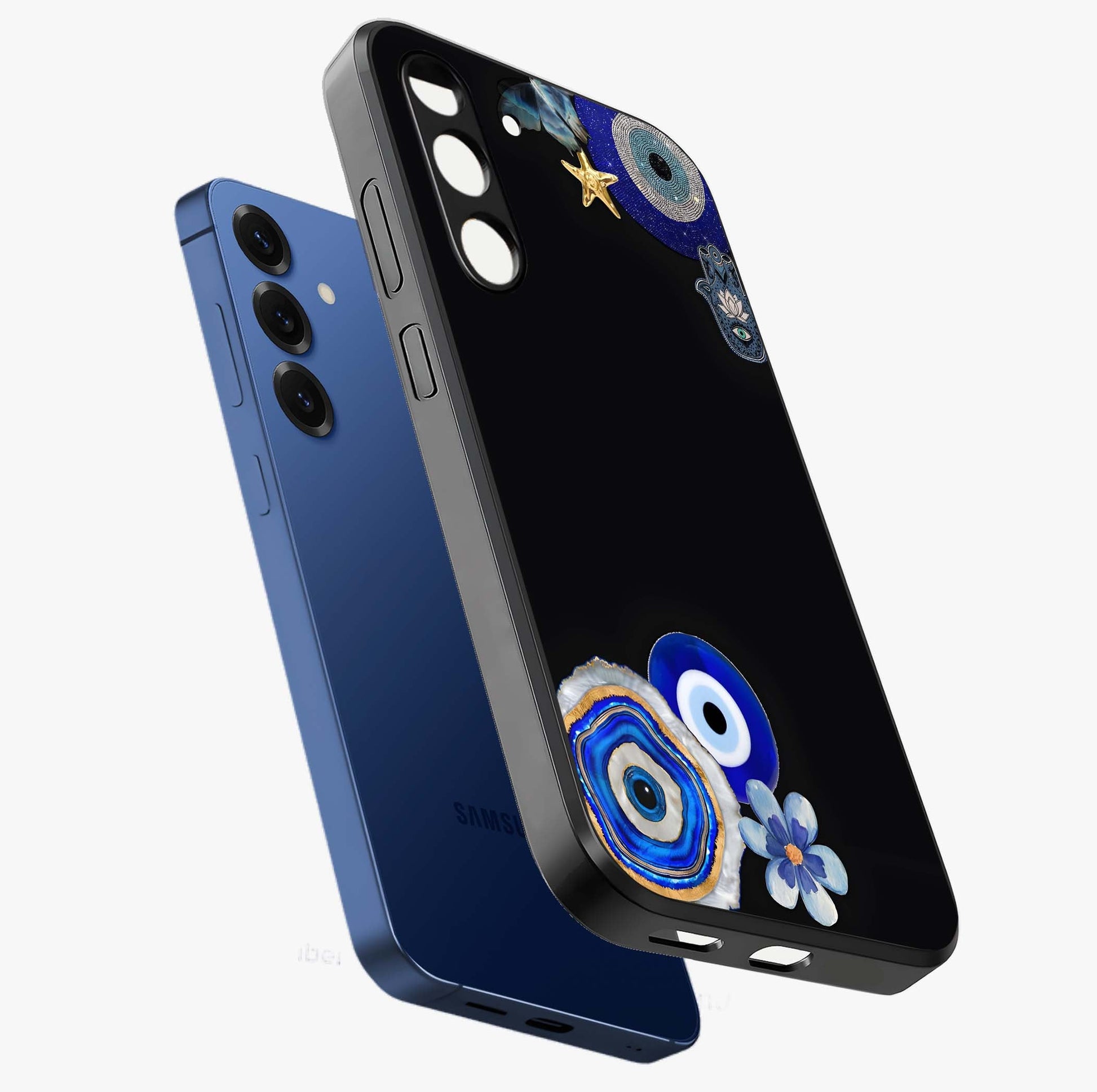 Aesthetic Blue Evil Eye Glass Case displayed in angled mockup highlighting blue evil eye symbol and spiritual aesthetic design.