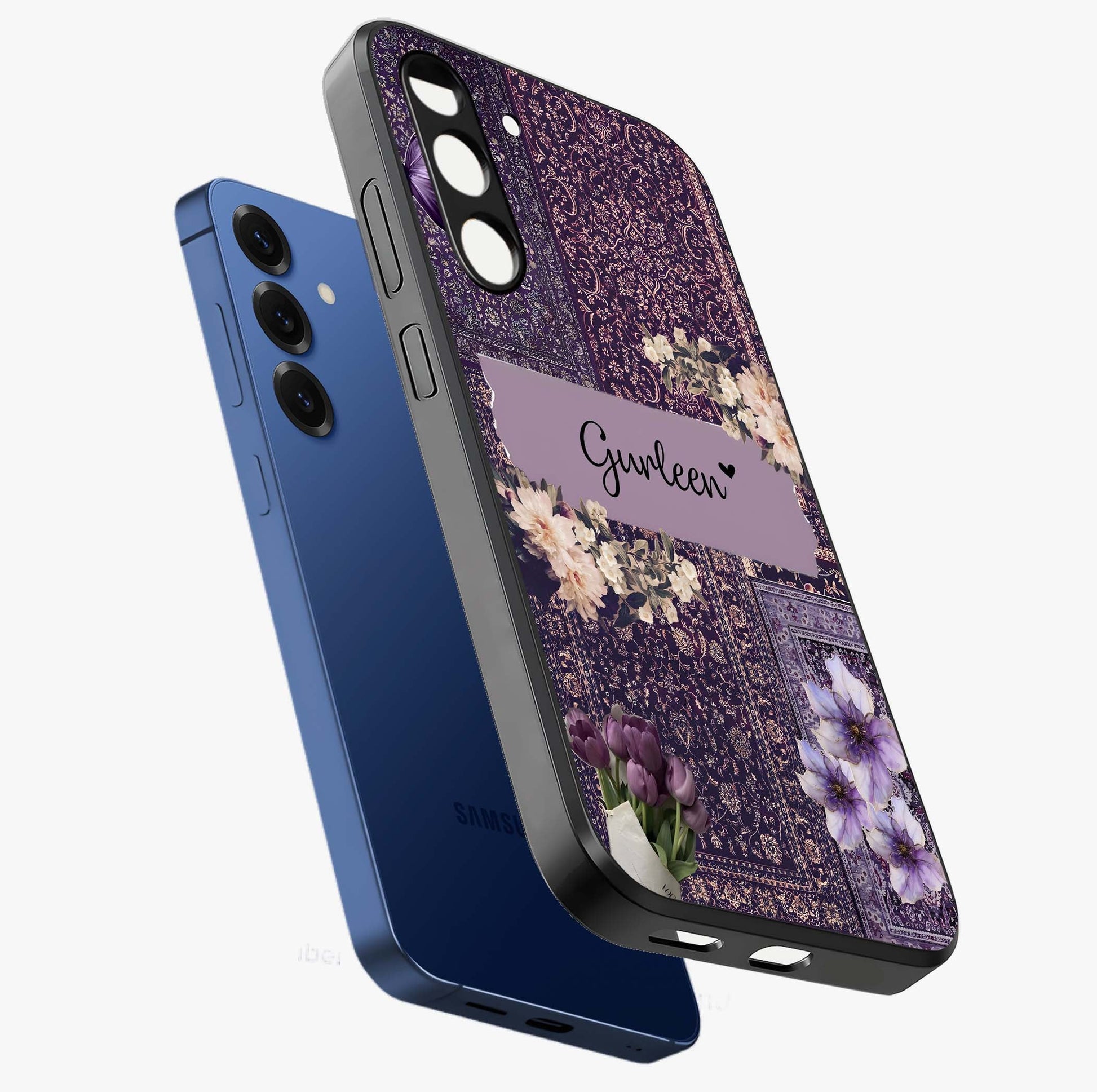 Antique Floral Whisper Custom Name Glass Case displayed in angled mockup highlighting elegant antique floral aesthetic.