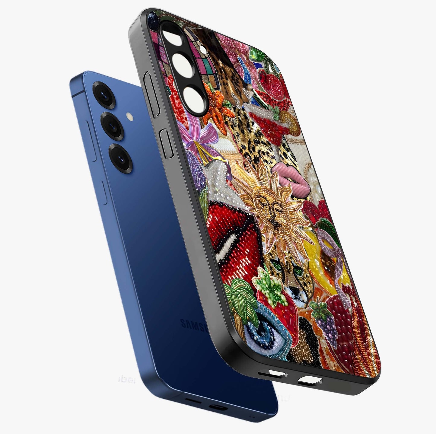 Beaded Fashion Jungle Glass Case displayed in angled mockup highlighting colorful fashion bead design and artistic pattern.