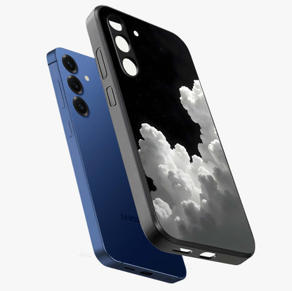 Black Background With White Cloud Glass Case displayed in angled mockup highlighting soft white cloud illustration and minimal design.