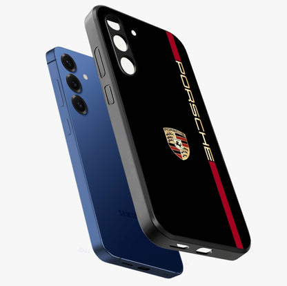 Black Minimal Porsche Glass Case displayed in angled mockup highlighting modern minimal car illustration and clean aesthetic design.