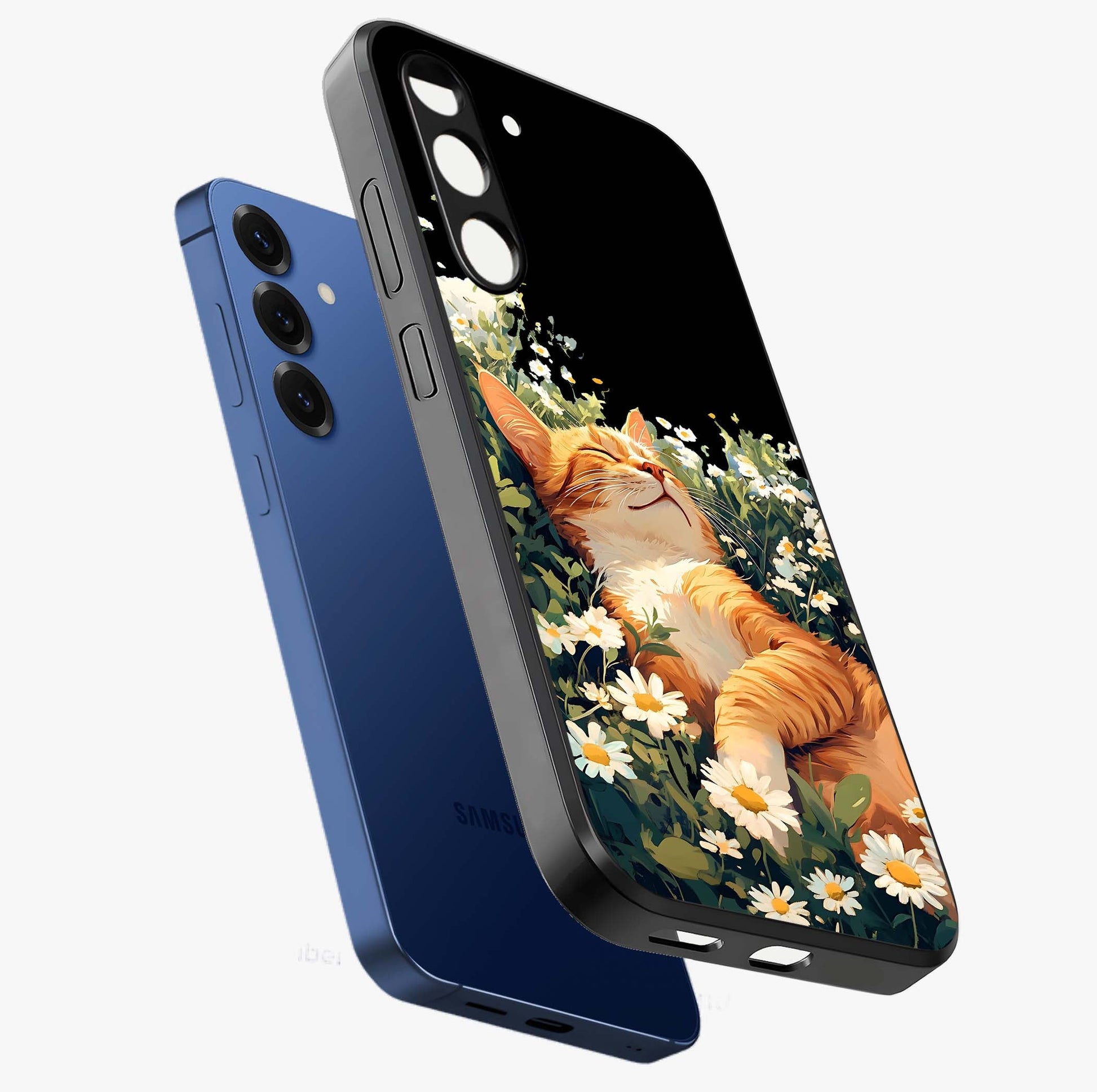 Blissful Bloom Cat Glass Case displayed in angled mockup highlighting playful feline illustration with soft floral aesthetic.
