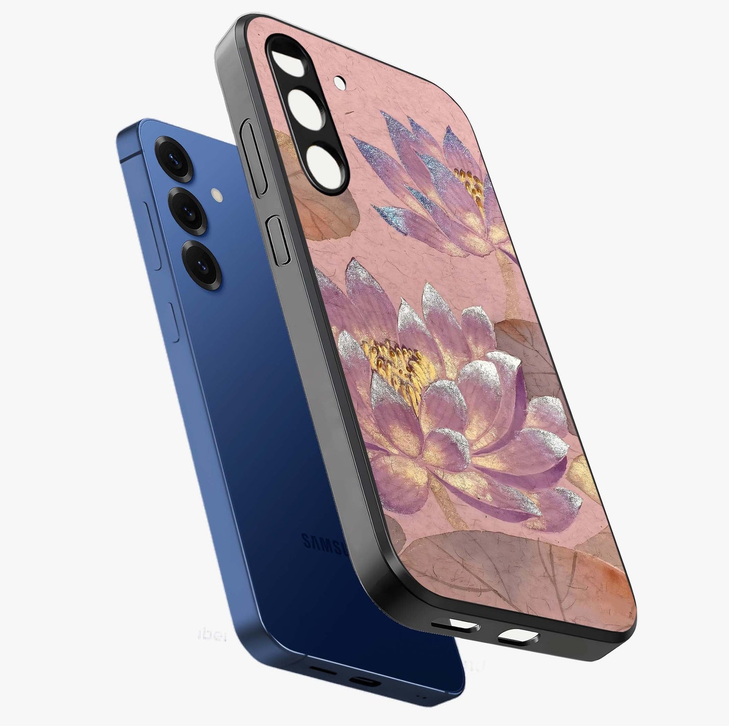 Blossom Mist Lotus Glass Case displayed in angled mockup highlighting delicate lotus illustration with calm aesthetic theme.