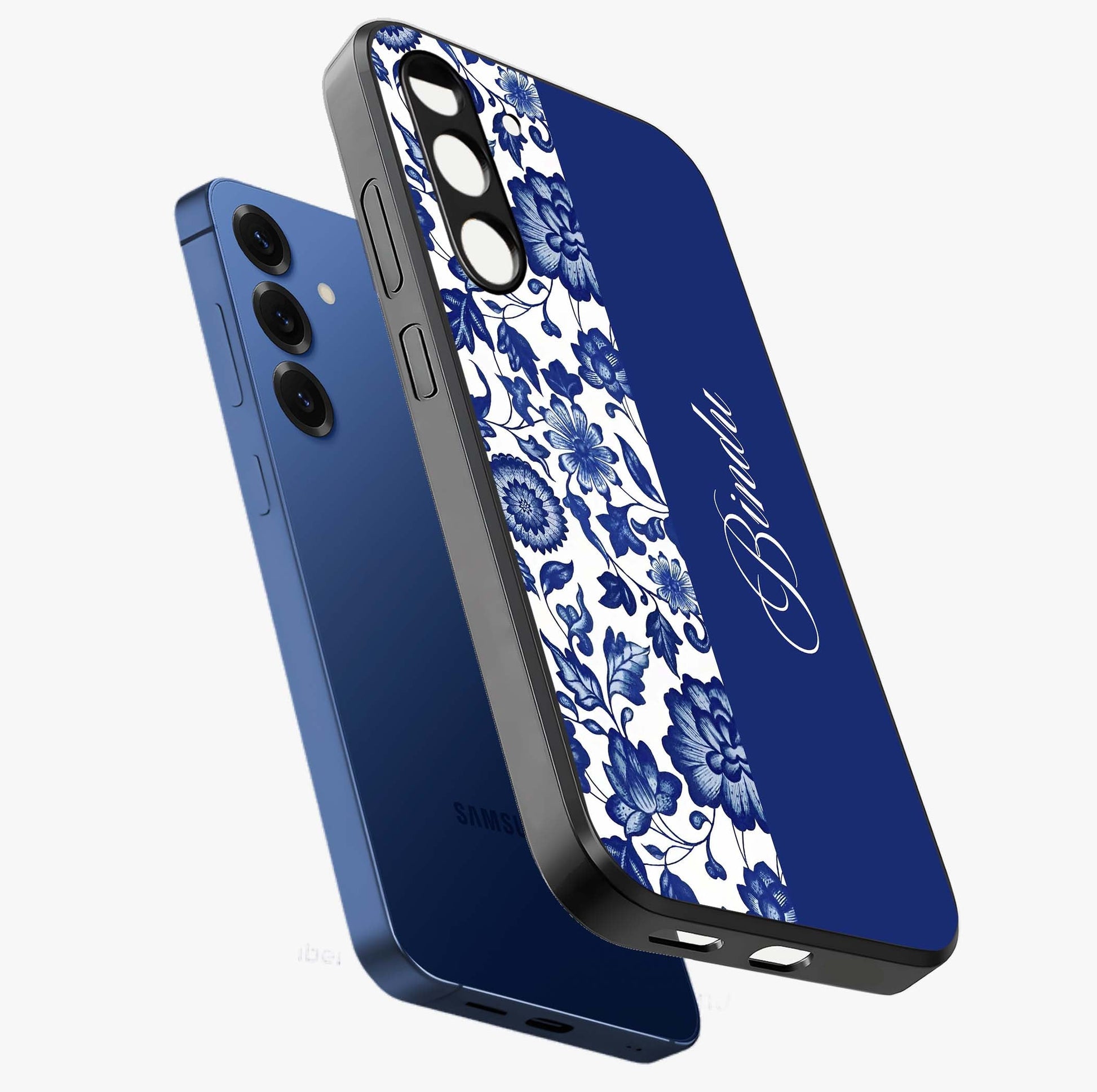 Blue Vintage Floral Pattern Glass Case displayed in angled mockup highlighting subtle bloom pattern with aesthetic pastel design.