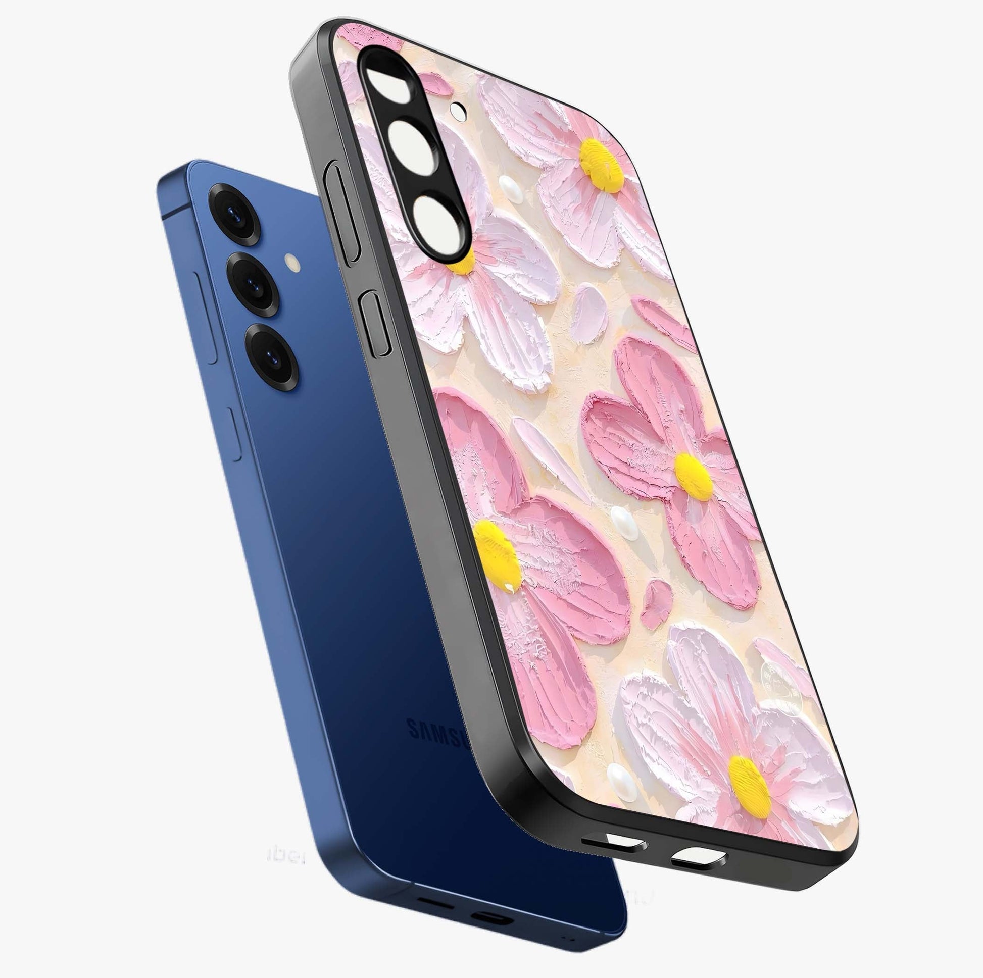 Blush Bloom Texture Glass Case displayed in angled mockup highlighting subtle bloom pattern with aesthetic pastel design.