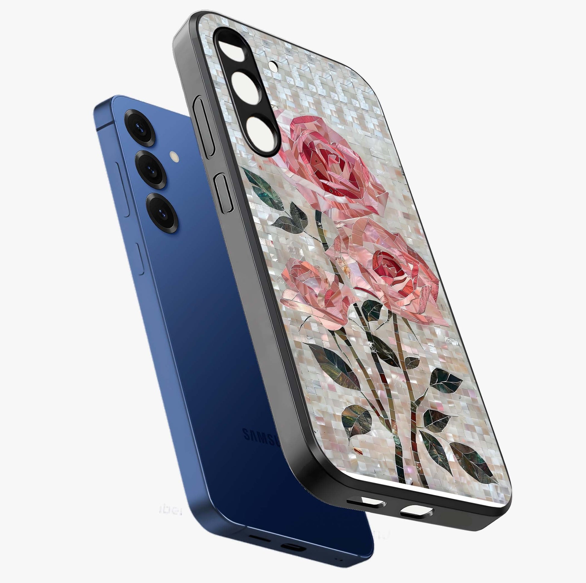 Blush Mosaic Bloom Glass Case displayed in angled mockup highlighting artistic mosaic flower pattern with aesthetic design.