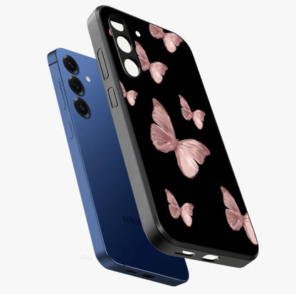 Butterfly Pattern Glass Case displayed in angled mockup highlighting delicate butterfly design and aesthetic pattern style.