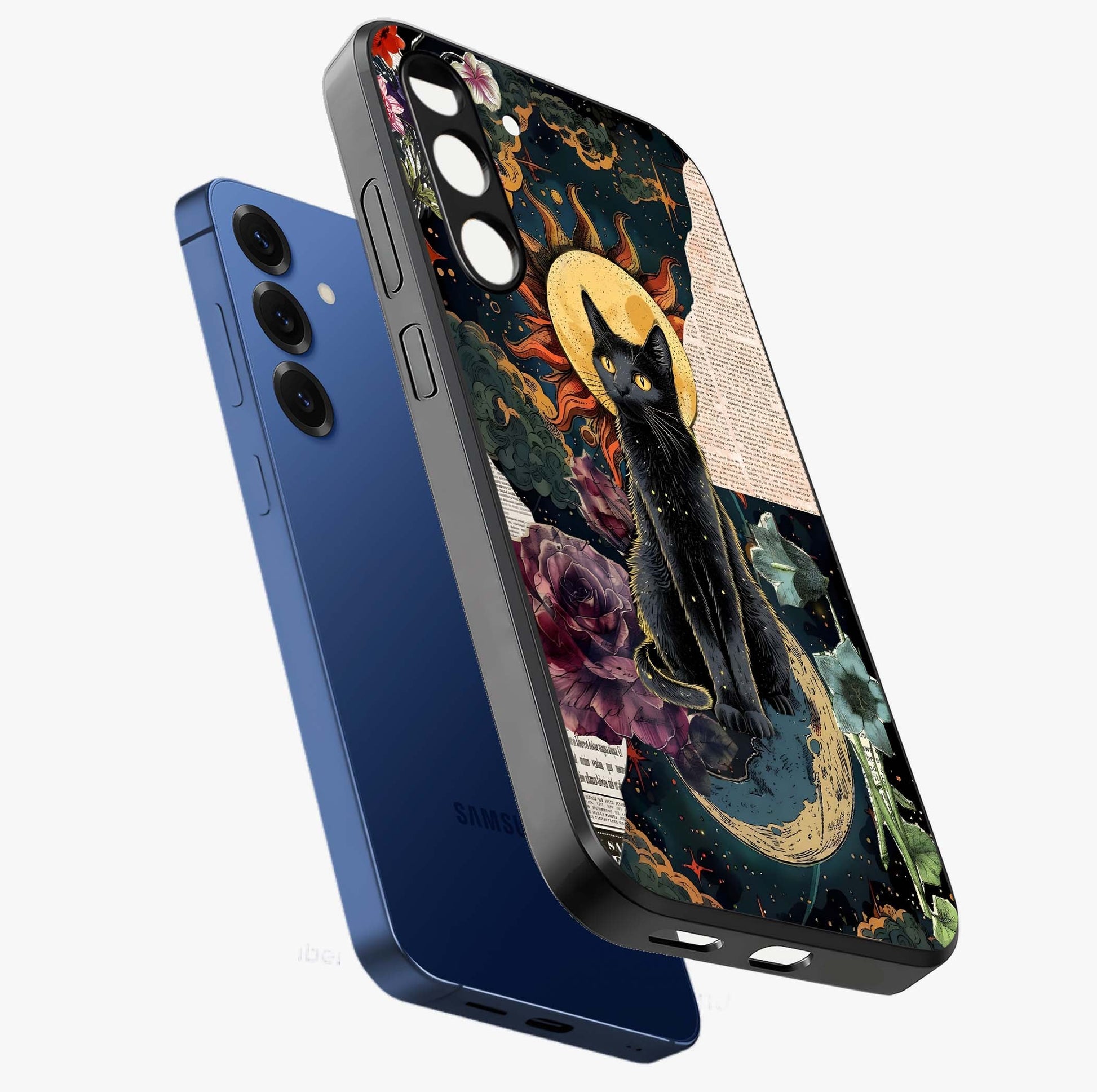 Celestial Black Cat Glass Case displayed in angled mockup highlighting cosmic black cat design with celestial aesthetic.
