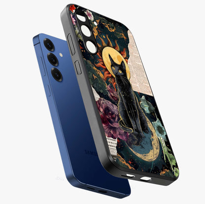 Celestial Black Cat Glass Case displayed in angled mockup highlighting cosmic black cat design with celestial aesthetic.