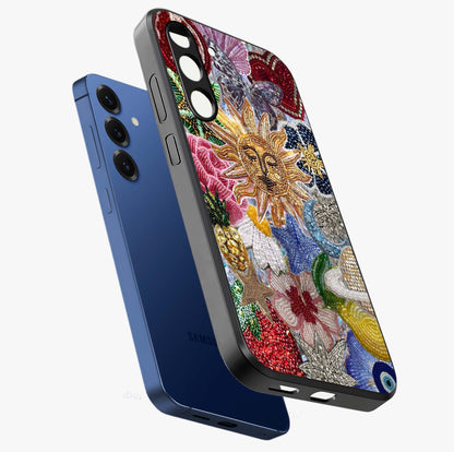 Celestial Floral and Playful Glass Case displayed in angled mockup highlighting playful floral design with dreamy celestial elements.