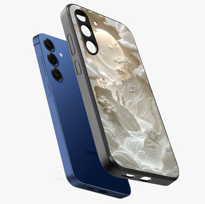 Celestial Origami Glass Case displayed in angled mockup highlighting geometric origami design with cosmic aesthetic theme.