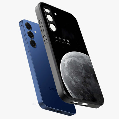 Cosmic Moon Glow Glass Case displayed in angled mockup highlighting celestial moon design with cosmic aesthetic theme.