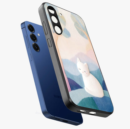 Cotton Dream Cat Glass Case displayed in angled mockup highlighting cute feline illustration with pastel aesthetic style.