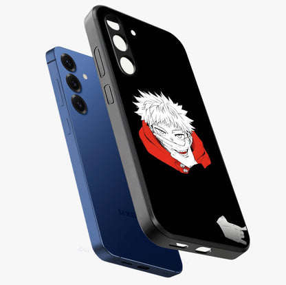Crimson Chaos Smile Glass Case displayed in angled mockup highlighting edgy crimson smile design with graphic aesthetic.