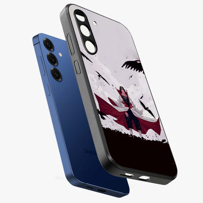 Crimson Crow Ascension Glass Case displayed in angled mockup highlighting powerful crow illustration with dark crimson aesthetic.