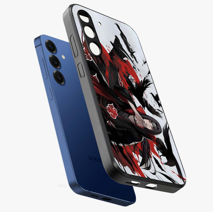 Crimson Crow Illusion Glass Case displayed in angled mockup highlighting mysterious crow graphic with dark aesthetic style.