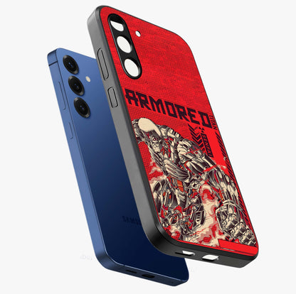 Crimson Mecha Titan Glass Case displayed in angled mockup highlighting futuristic mech illustration with bold crimson aesthetic.