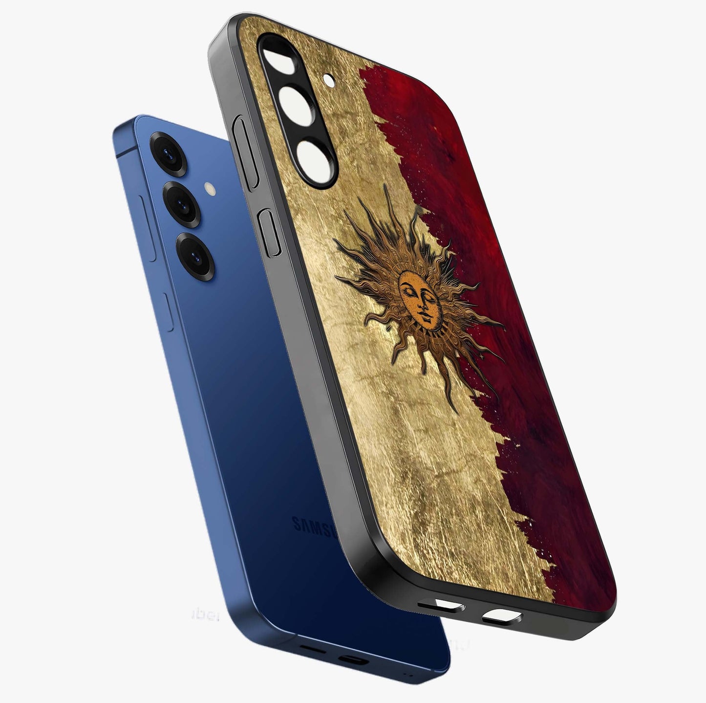 Crimson Sun Majesty Glass Case displayed in angled mockup highlighting majestic crimson sun design with bold aesthetic style.