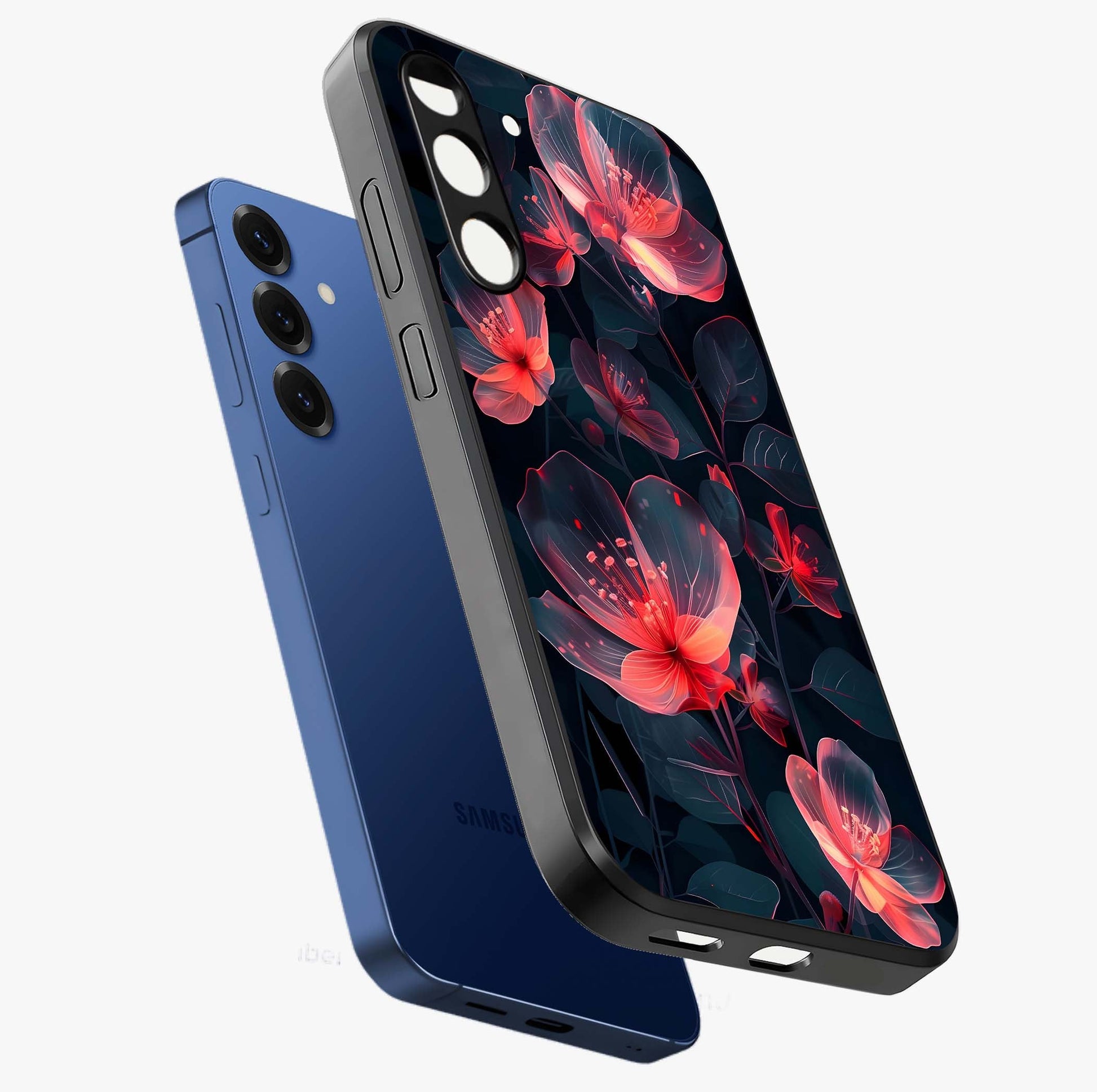 Dark Shade of Flower Glass Case displayed in angled mockup highlighting moody floral illustration with aesthetic dark tones.