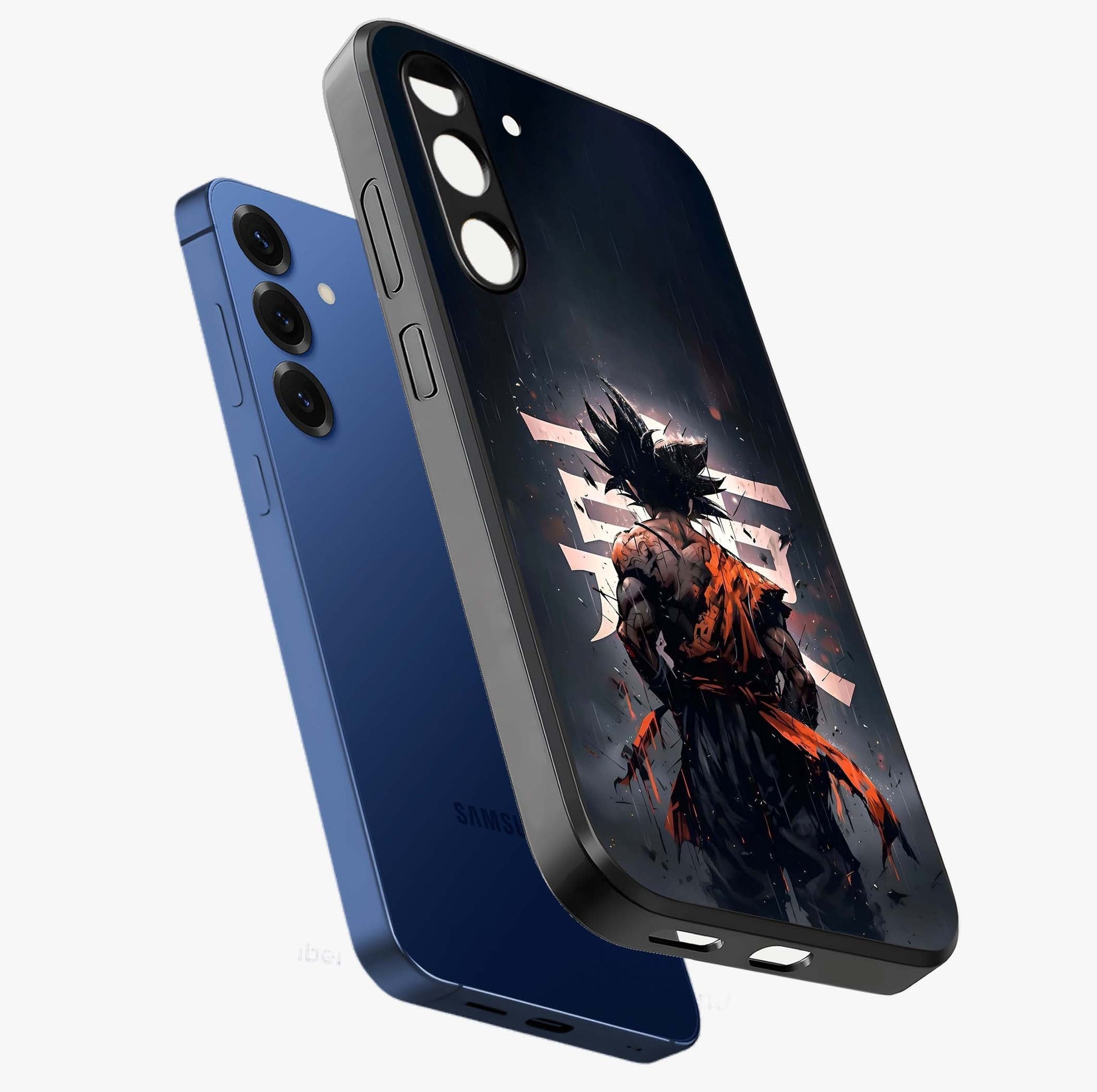 Dark Warrior In Rain Glass Case displayed in angled mockup highlighting dramatic warrior illustration with dark rain aesthetic.
