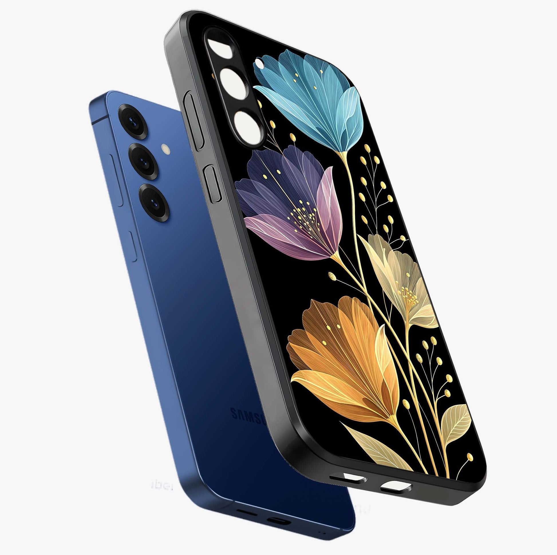 Delicate Multicolor Flowers Glass Case displayed in angled mockup highlighting colorful flower pattern with soft aesthetic style.