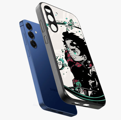 Demon Slayer Glass Case displayed in angled mockup highlighting dramatic anime character design with action aesthetic.