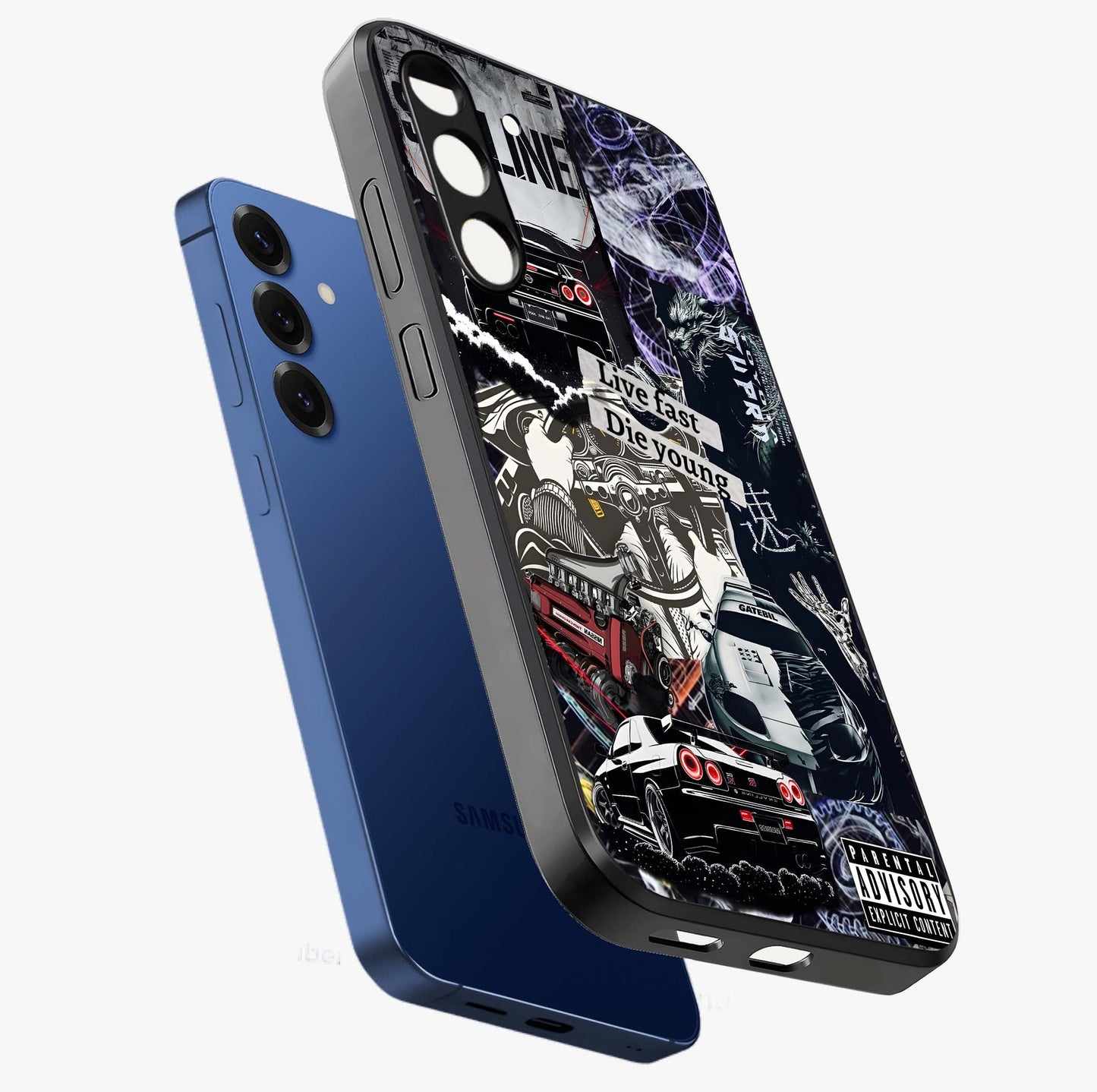 Die Young Glass Case displayed in angled mockup highlighting expressive graphic artwork with edgy aesthetic style.