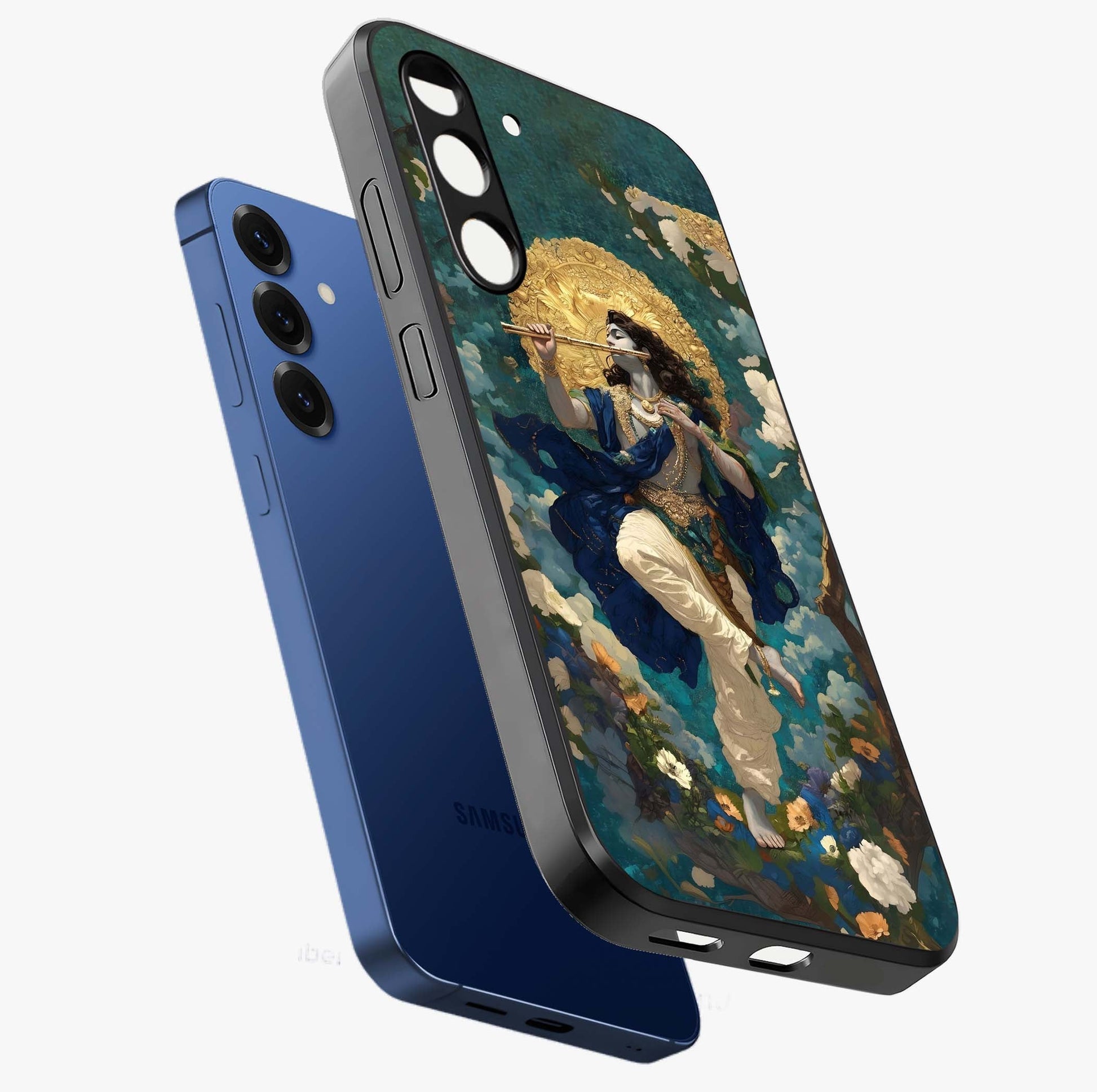 Divine Krishna Art Glass Case displayed in angled mockup highlighting spiritual Krishna illustration with devotional aesthetic.