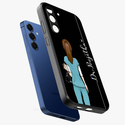 Doctor Pattern Custom Name Glass Case displayed in angled mockup highlighting doctor inspired artwork with custom name feature.