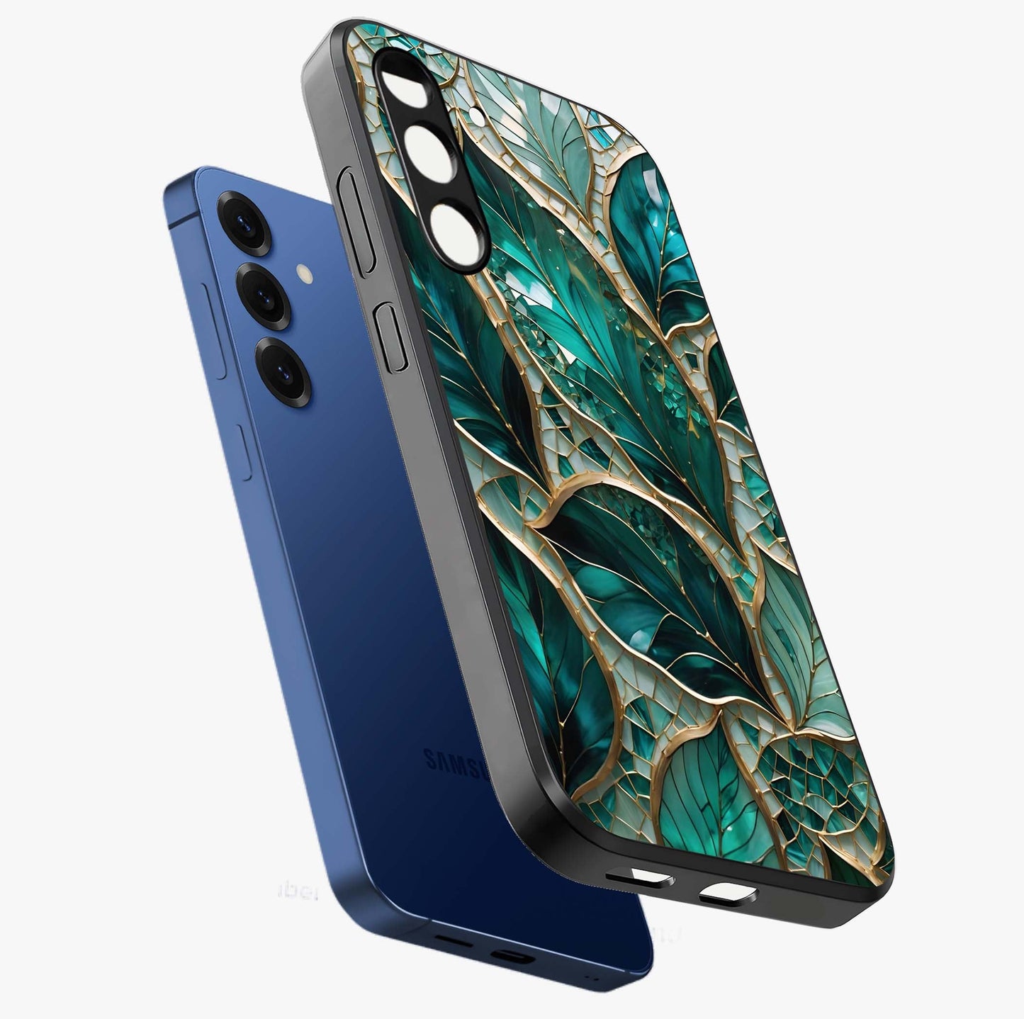 Emerald Leaf Glass Glass Case displayed in angled mockup highlighting botanical leaf illustration with elegant natural aesthetic.