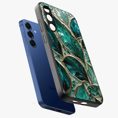 Emerald Leaf Glass Glass Case displayed in angled mockup highlighting botanical leaf illustration with elegant natural aesthetic.