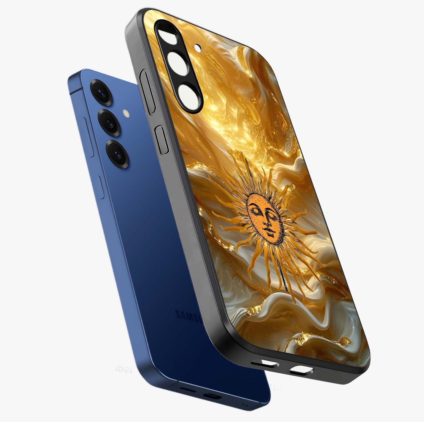 Eternal Golden Glow Glass Case displayed in angled mockup highlighting glowing golden aesthetic design with elegant style.