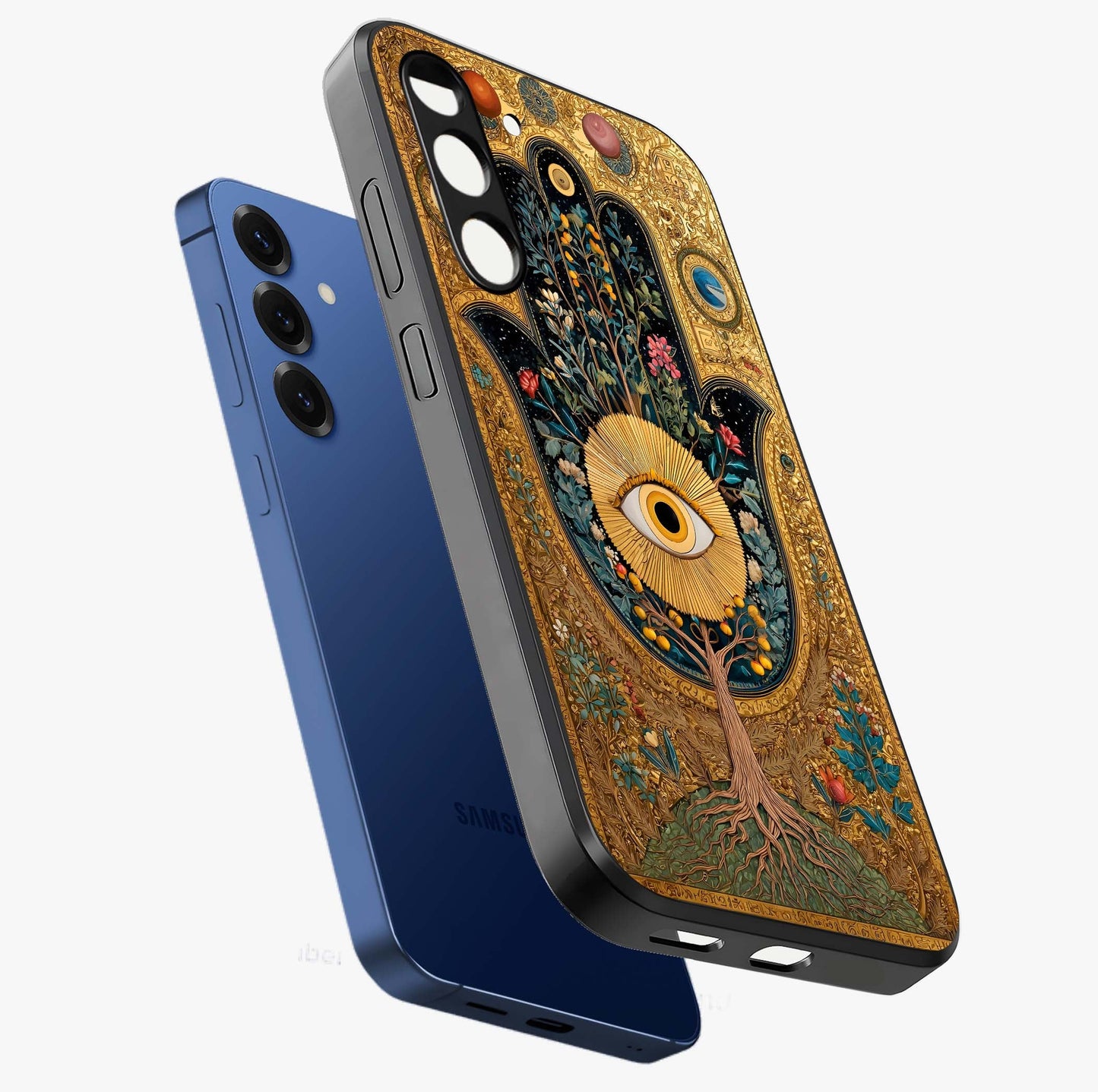 Ethereal Evil Eye Glass Case displayed in angled mockup highlighting protective evil eye symbol with spiritual aesthetic design.