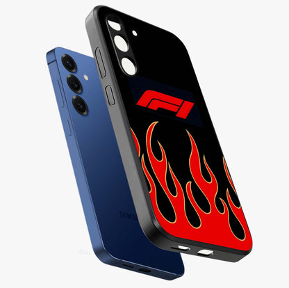 Fire F11 Glass Case displayed in angled mockup highlighting bold fire inspired graphic with energetic aesthetic style.