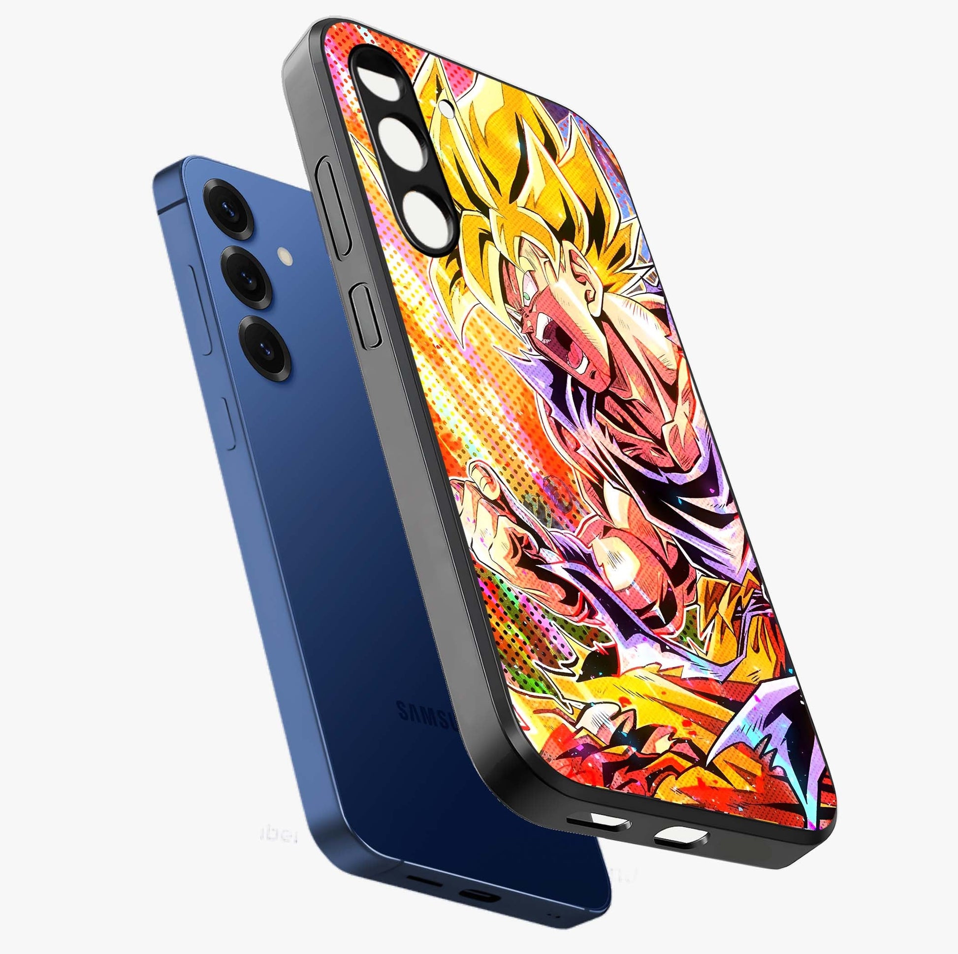 Firing Goku Glass Case displayed in angled mockup highlighting dynamic anime character design with action aesthetic.