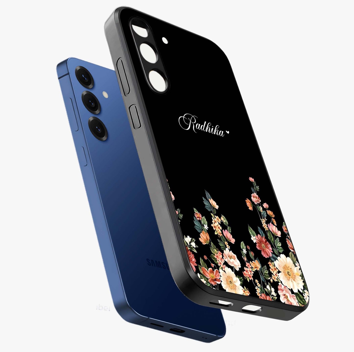 Floral Design With a Custom Personalized Name Glass Case displayed in angled mockup highlighting elegant floral pattern with custom name feature.