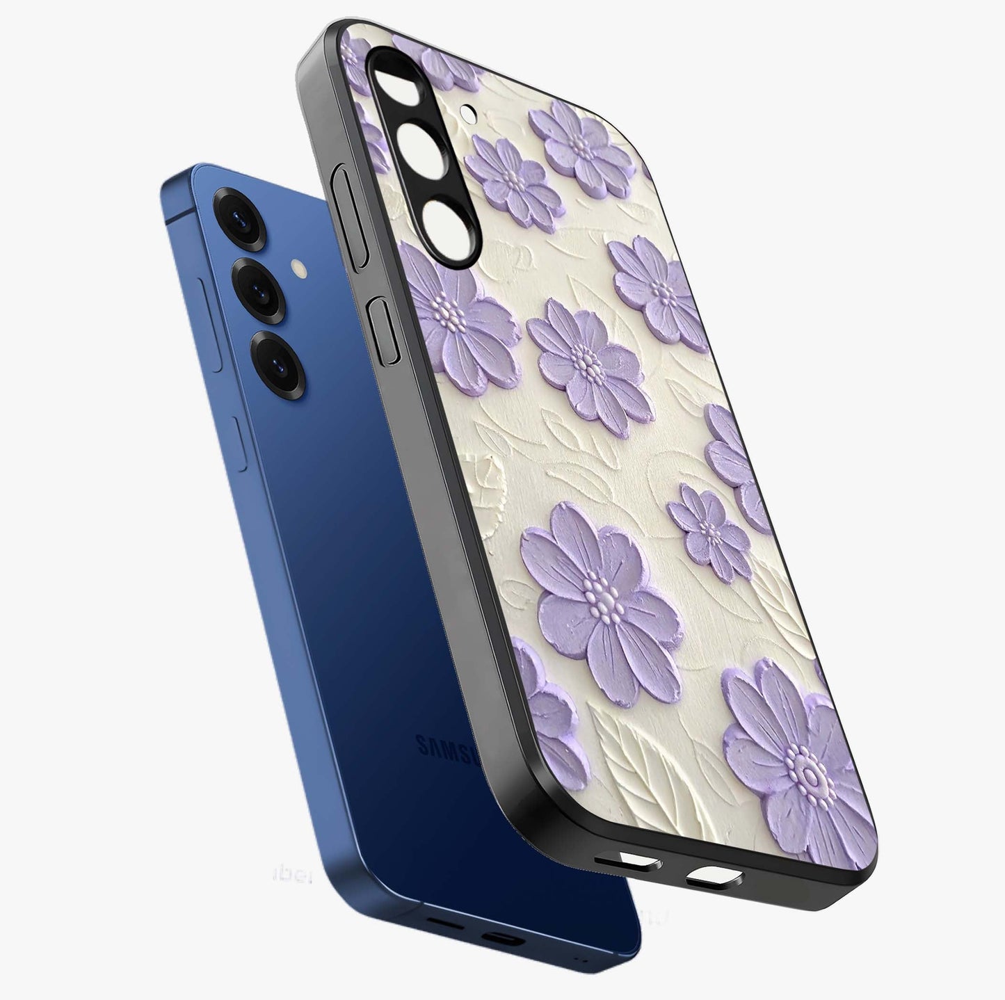 Floral Wall Art With Purple Flowers Glass Case displayed in angled mockup highlighting vibrant purple floral illustration with artistic aesthetic.