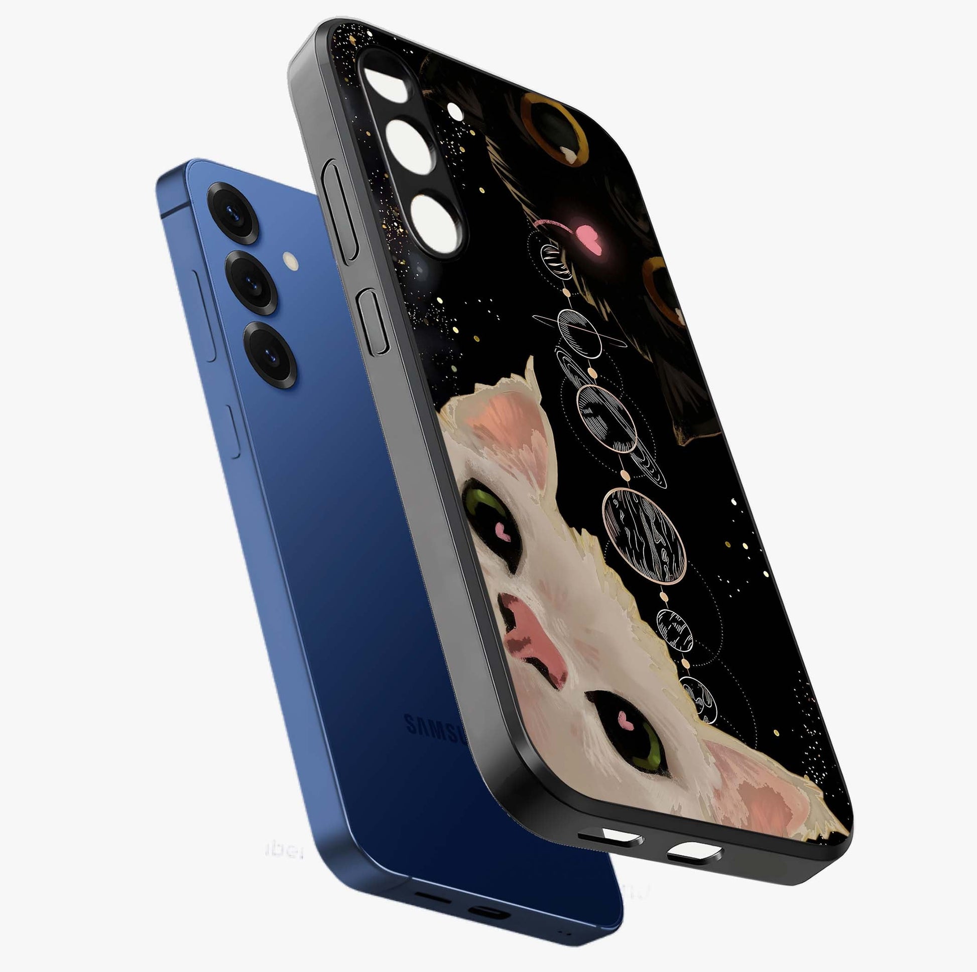 Galactic Cat Glass Case displayed in angled mockup highlighting celestial feline illustration with galaxy aesthetic style.