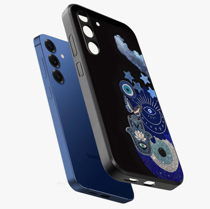 Galactic Charm Cluster Glass Case displayed in angled mockup highlighting luminous galaxy inspired design with dreamy aesthetic.