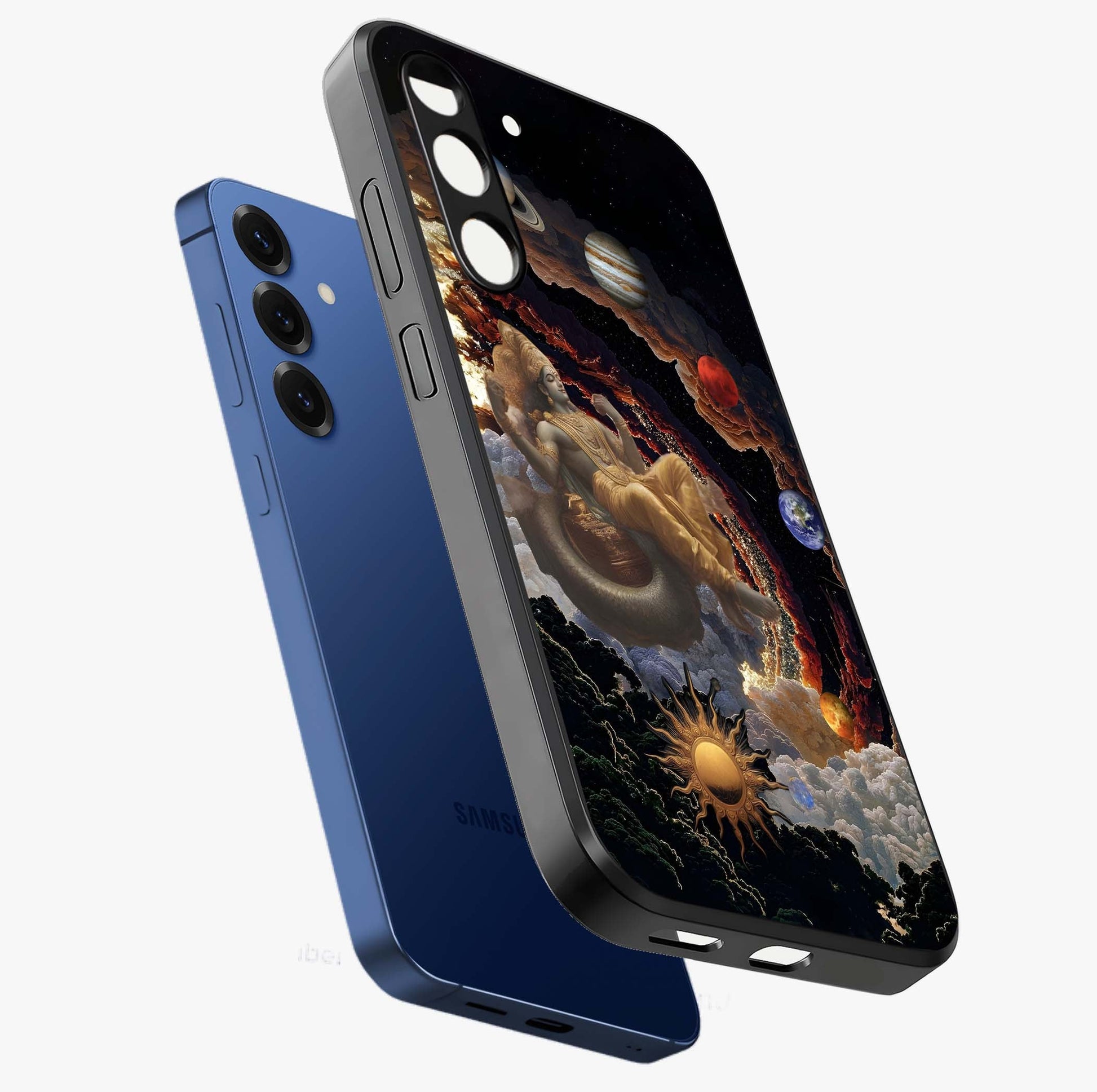 Galactic Divine God Glass Case displayed in angled mockup highlighting powerful celestial deity illustration with galactic aesthetic.