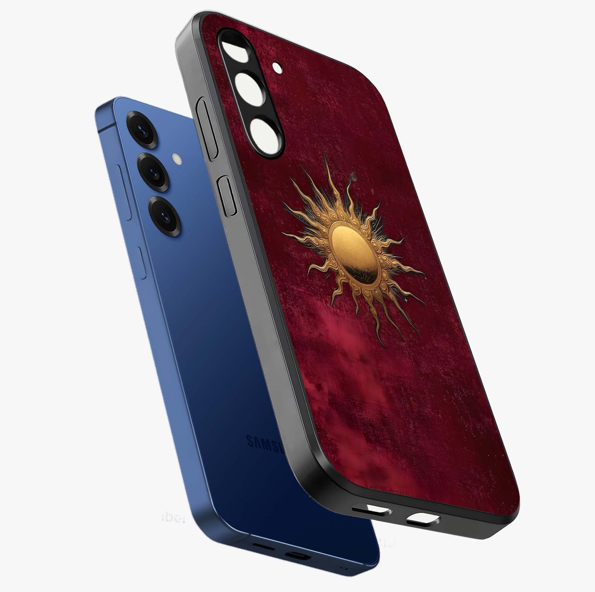 Gold Sun Blush Glass Case displayed in angled mockup highlighting radiant sun design with warm golden aesthetic.
