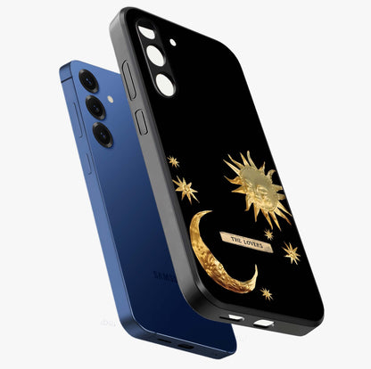 Golden Celestial Charm Glass Case displayed in angled mockup highlighting sparkling cosmic charm design with celestial aesthetic.