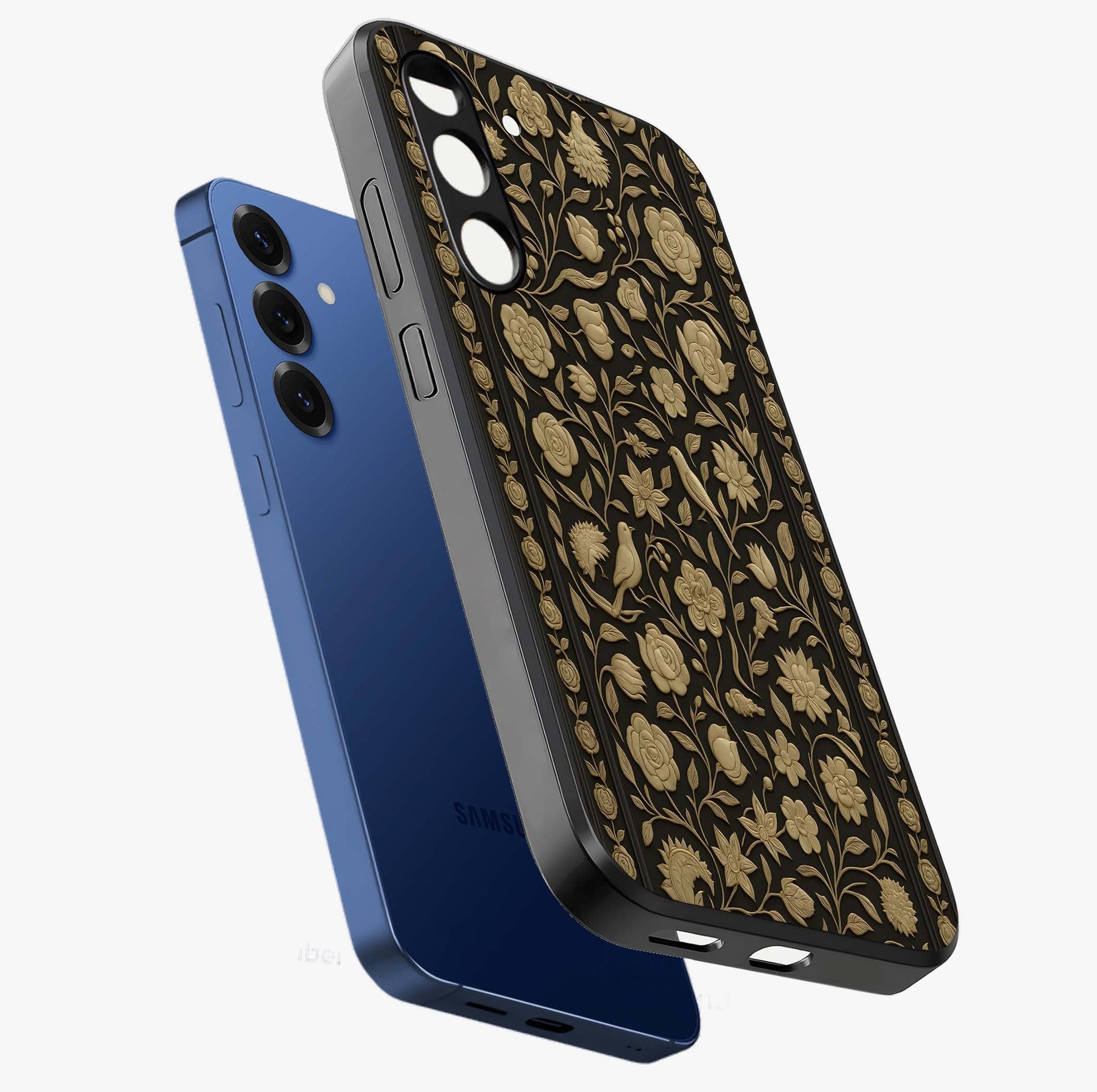 Golden Floral Majesty Glass Case displayed in angled mockup highlighting elegant flower design with royal golden aesthetic.