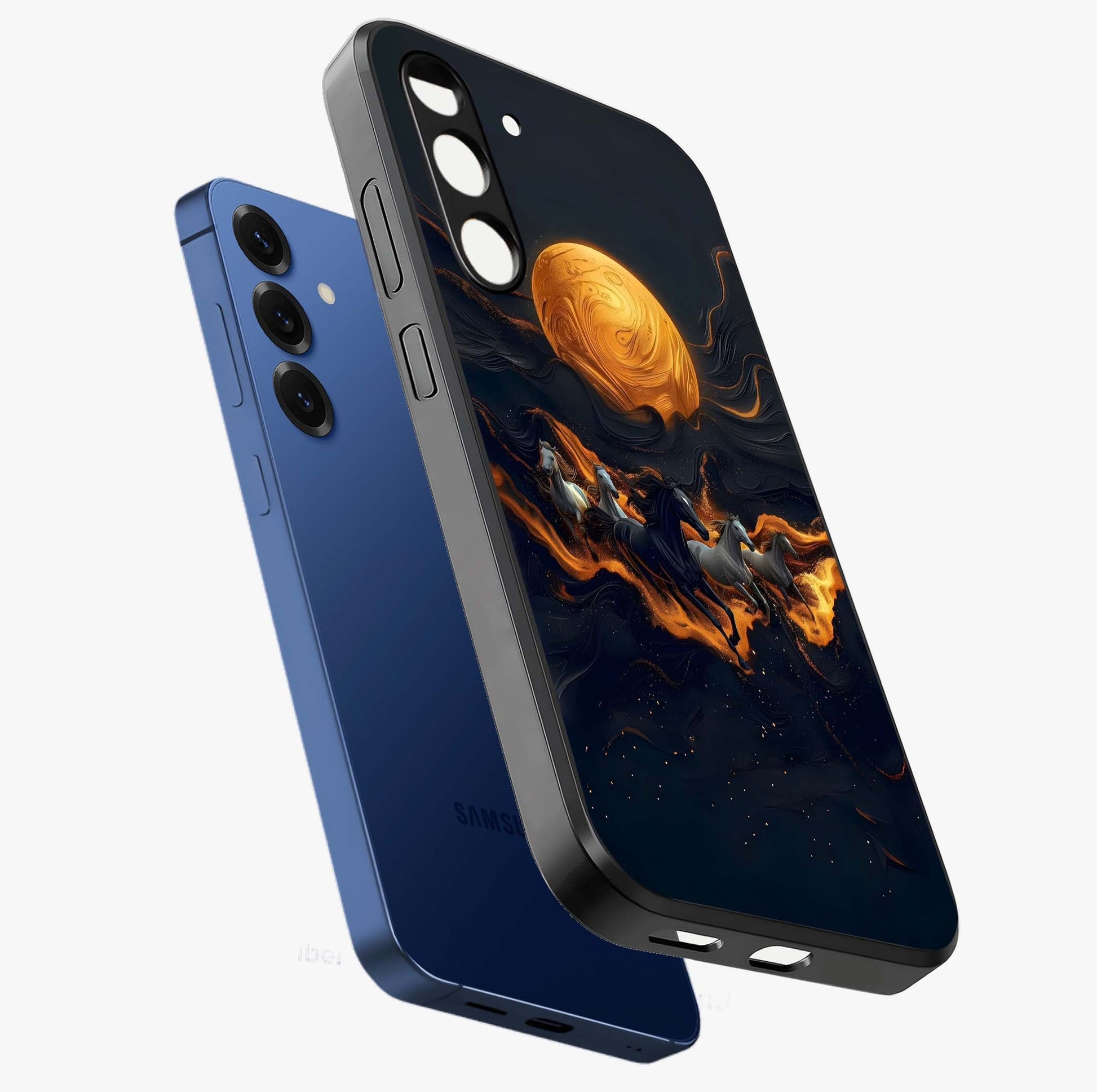 Golden Sun Majesty Glass Case displayed in angled mockup highlighting eerie shadow illustration with gothic aesthetic.