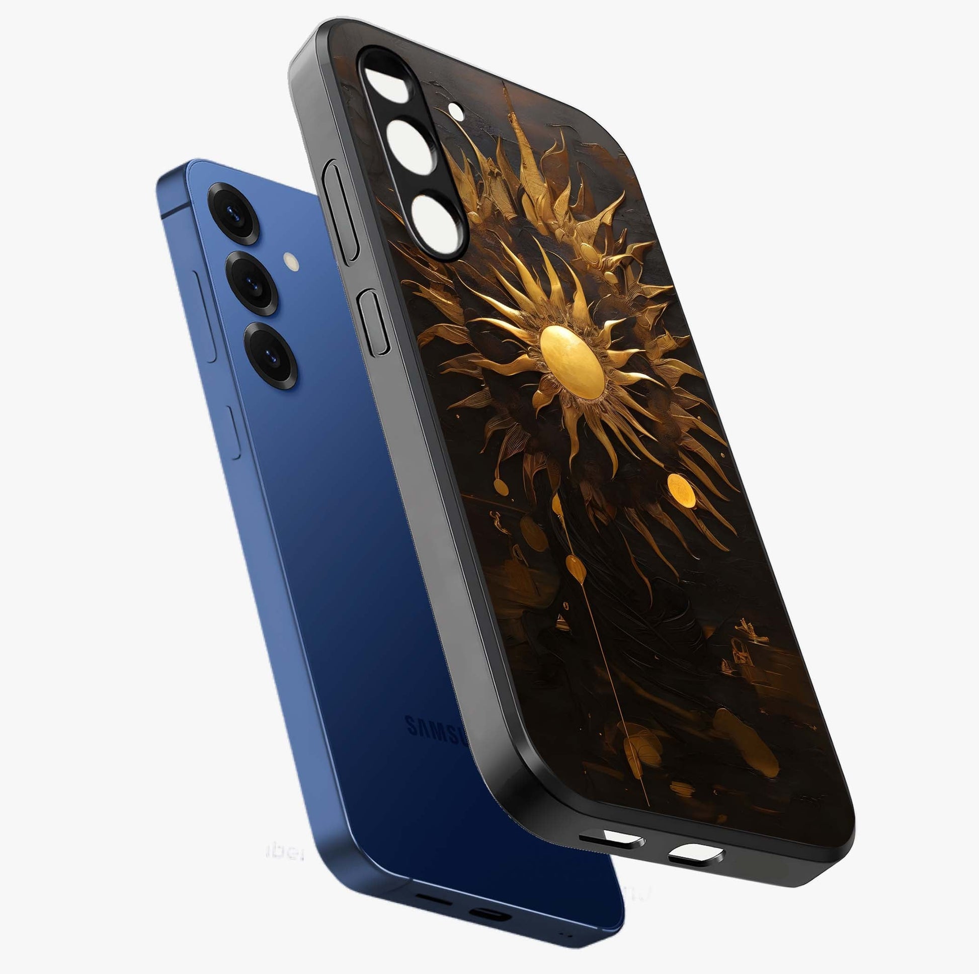 Golden Sun Minimalism Glass Case displayed in angled mockup highlighting eerie shadow illustration with gothic aesthetic.